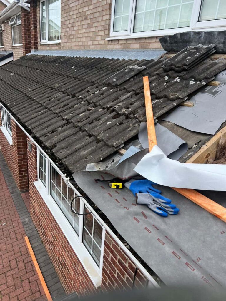 This is a photo of a pitched roof which is being repaired. The existing roof was leaking badly. Works carried out by MCM Roofing Repairs Devizes